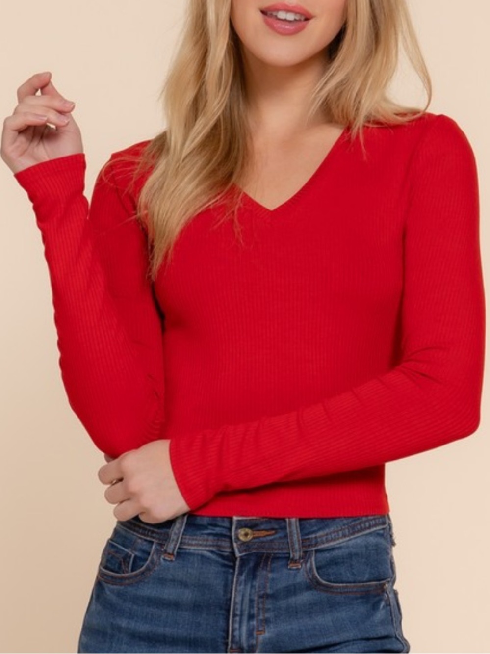 Active USA Red V-Neck crop knit top